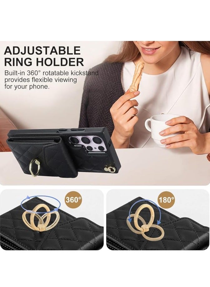 عام For Samsung Galaxy S24Ultra/S24Plus/S24 Cross Wallet Case Faux Leather Phone Case with RFID Blocking Card Slot, Ring Bracket, Wrist Strap Lanyard - Image 3