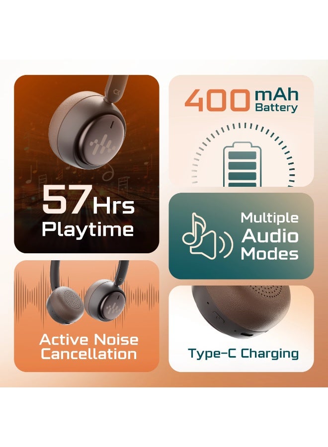 AcceOn Aura Beat ACC-HS088 Wireless ANC Headphones – Brown Edition | Active Noise Cancellation, 57-Hour Playtime, Bluetooth 5.3, Fast Charging, Foldable Design - Image 2