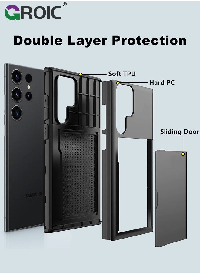 GROIC Samsung S24 Ultra Black Case with Card Holder 5G 6.8 inch Slim Dual Layer Heavy Duty Protective Galaxy S24 Ultra Case Hidden Card Slot Wallet Case for Samsung S24 Ultra  - Image 4