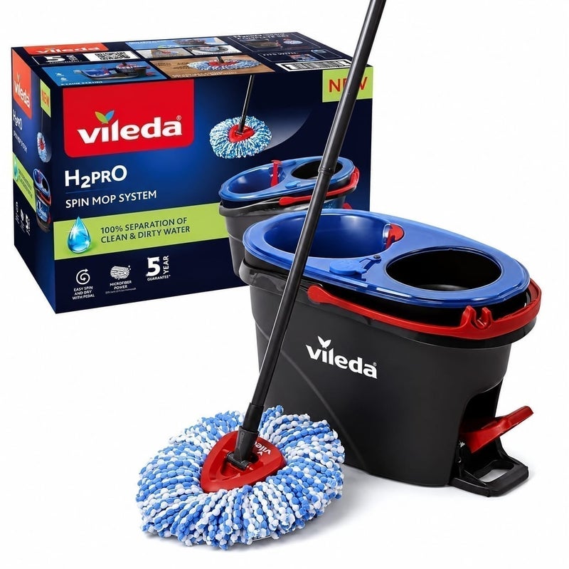 Vileda H2PRO Spin Mop System, Professional Spin Mop & Dual Bucket Cleaning System with Clean & Dirty Water Separation, Foot Pedal Spin & Triangle Head for Corner Cleaning - Image 1