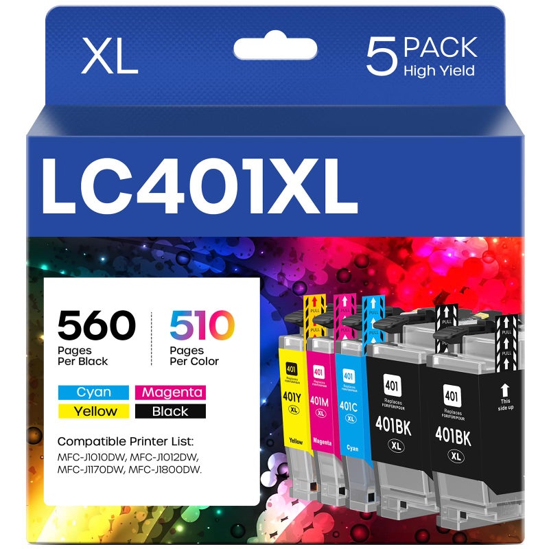 belietop LC401XL Ink Cartridges High Yield Compatible for Brother LC401XL LC401 XL LC401 Ink Cartridges Works with Brother MFC-J1010DW MFC-J1012DW MFC-J1170DW Printer (5 Pack, 2 Black, Cyan, Magenta, Yellow) - Image 1