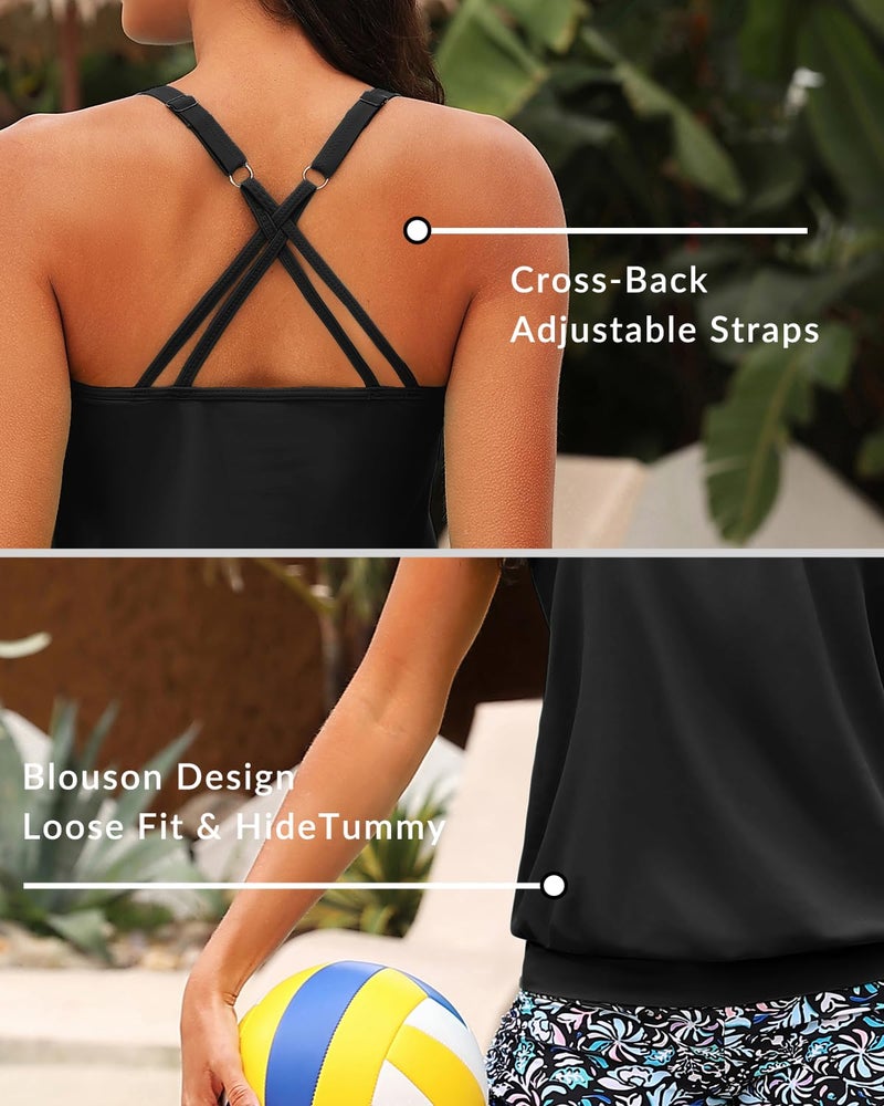 Yonique Blouson Tankini Tops for Women Swimwear Top Only Modest Tankini Tops Loose Fit Swim Tops No Bottom Black 01 XXL - Image 5