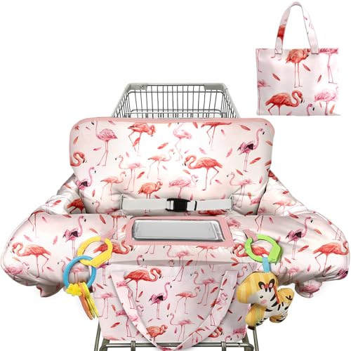 Polovillae Pink Shopping Cart Cover for Baby 2in1 High Chair Cover with Safety Harness Multifunctional Flamingo Pattern Cart Covers for Babies Soft Padded Grocery Cart Cover for Baby Boy Girl - Image 1