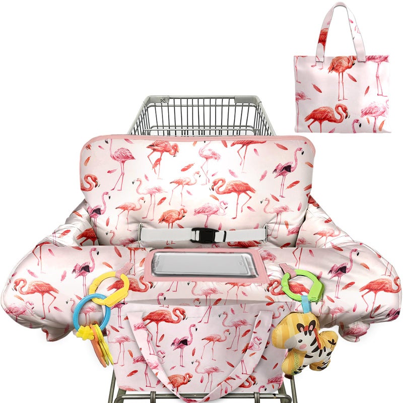 Polovillae Pink Shopping Cart Cover for Baby 2in1 High Chair Cover with Safety Harness Multifunctional Flamingo Pattern Cart Covers for Babies Soft Padded Grocery Cart Cover for Baby Boy Girl - Image 2