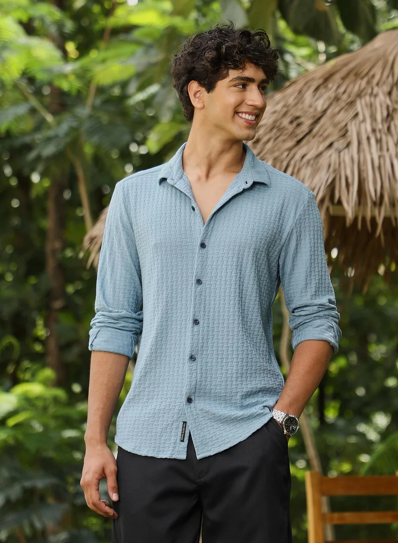 كامبوس سوترا Campus Sutra Men Basket-Knit Jacquard Shirt | Spread Collar Long Cuffed Sleeves | Button Closure Curved Hem | Solid Jacquard | Knitted Fabric For Casual & Daily Wear | Pastel Blue