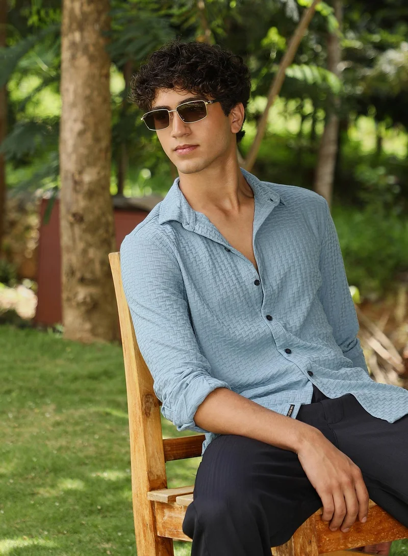 كامبوس سوترا Campus Sutra Men Basket-Knit Jacquard Shirt | Spread Collar Long Cuffed Sleeves | Button Closure Curved Hem | Solid Jacquard | Knitted Fabric For Casual & Daily Wear | Pastel Blue