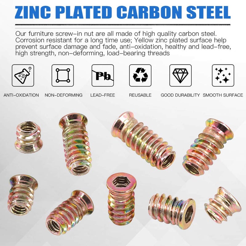 Glarks 50Pcs 1/4"-20x10mm Threaded Inserts Nuts Zinc Plated Carbon Steel Hex Socket Drive Furniture Flanged Screw-in Nut with M6 Hex Wrench for Wood Furniture (1/4"-20 x 10mm) - Image 3