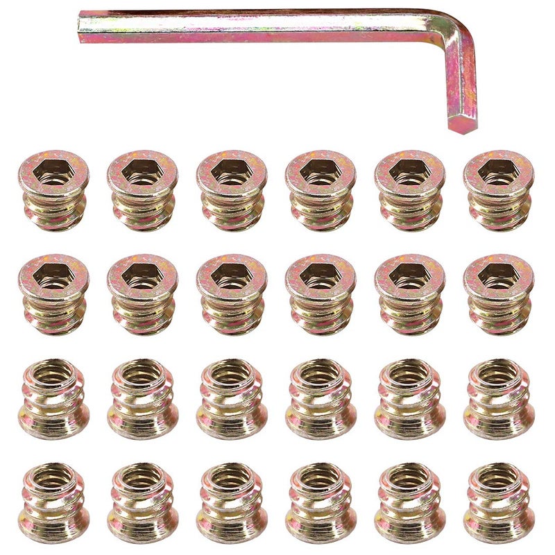 Glarks 50Pcs 1/4"-20x10mm Threaded Inserts Nuts Zinc Plated Carbon Steel Hex Socket Drive Furniture Flanged Screw-in Nut with M6 Hex Wrench for Wood Furniture (1/4"-20 x 10mm) - Image 1