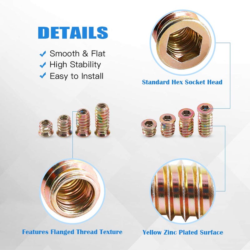 Glarks 50Pcs 1/4"-20x10mm Threaded Inserts Nuts Zinc Plated Carbon Steel Hex Socket Drive Furniture Flanged Screw-in Nut with M6 Hex Wrench for Wood Furniture (1/4"-20 x 10mm) - Image 4