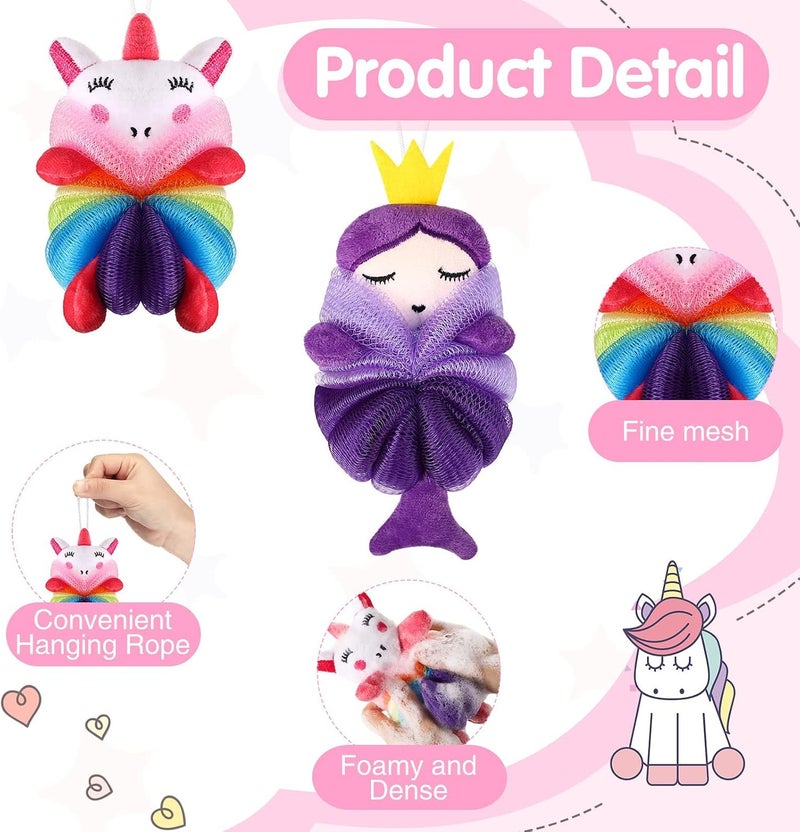 KASTWAVE 2 Pcs Bath Loofahs Kids Toddler Body Loofahs Cute Cartoon Kids Loofah Kid Bath Sponges Loofah Bath Pouf Body Scrubber Mesh Loofah Sponges for Children Shower Washing Exfoliating (Unicorn, Princess) - Image 3