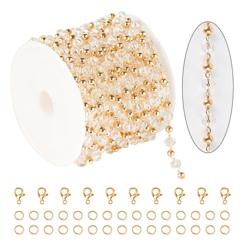 KYUNHOO 16.4 Feet Gold Plated Brass Beaded Jewelry Chain Bulk Clear Glass Crystal Necklace Chain for Women Jewelry Making Supplies Findings - Image 1