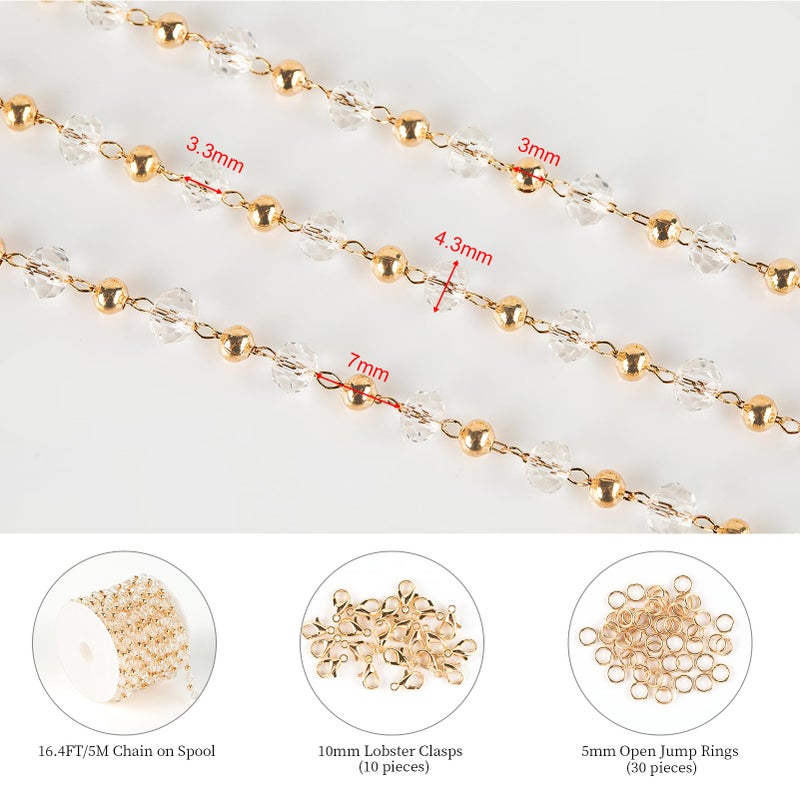 KYUNHOO 16.4 Feet Gold Plated Brass Beaded Jewelry Chain Bulk Clear Glass Crystal Necklace Chain for Women Jewelry Making Supplies Findings - Image 2