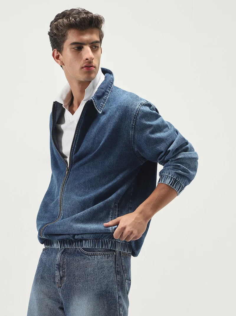 Urbano Fashion  Urbano Fashion Men's Dark Blue Relaxed Fit Full Sleeve Harrington Denim Jacket  | Best Price UAE