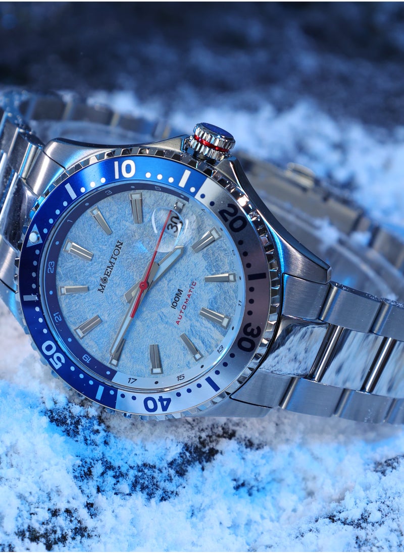 MOEMTON - MOEMTON German Ice Peak series men's automatic mechanical watch with date display, rotating dial, blue dial, blue and white bezel 100meters waterproof stainless steel case and bracelet M122.BSSA01 - Image 1