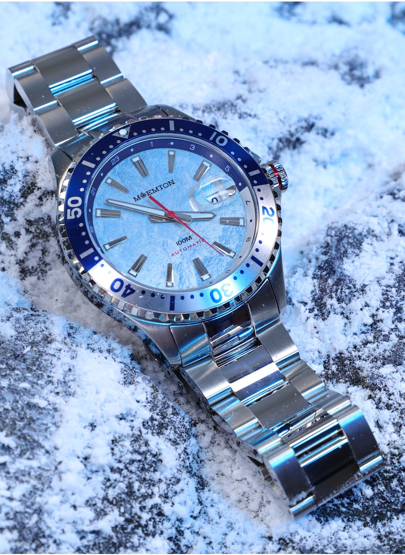 MOEMTON - MOEMTON German Ice Peak series men's automatic mechanical watch with date display, rotating dial, blue dial, blue and white bezel 100meters waterproof stainless steel case and bracelet M122.BSSA01 - Image 1