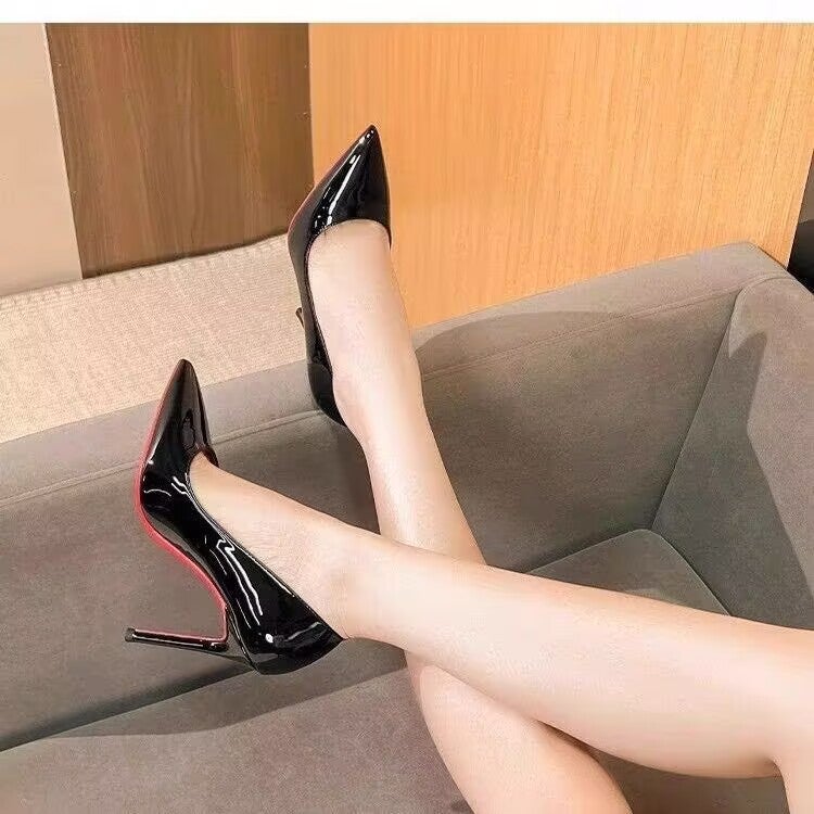 كعب عالي ذو نعل أحمر كعب رفيع أنيق أسود جديد مدبب كعب عالي جلد لامع مقاس أسلوب فرنسي أحذية فردية - Image 1