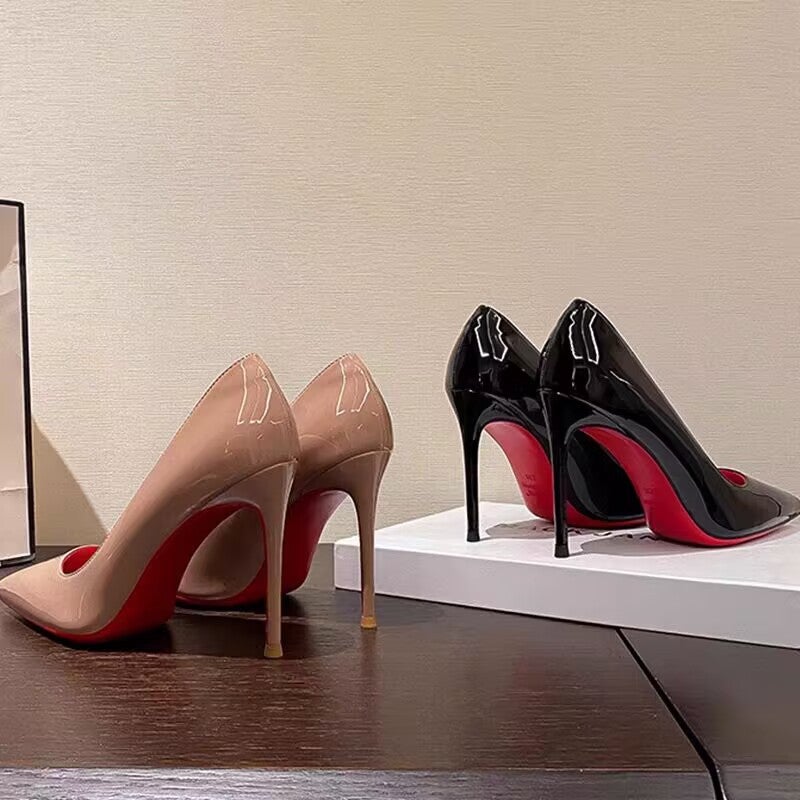 كعب عالي ذو نعل أحمر كعب رفيع أنيق أسود جديد مدبب كعب عالي جلد لامع مقاس أسلوب فرنسي أحذية فردية - Image 4