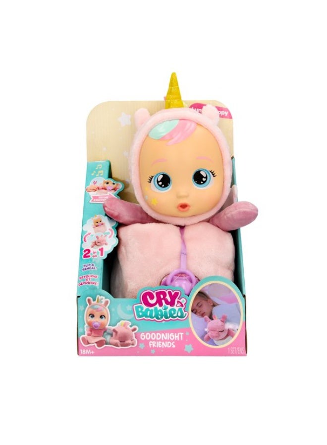 Cry Babies Goodnight Friends 2-in-1 Luna and Poppy Baby Doll in Unicorn-Themed Onesie | Flip & Reveal From Doll to Plush | Plays Gentle Lullabies | Nurturing and Imaginative Play | Sensory Development | Gift for Toddler & Kids - Image 1