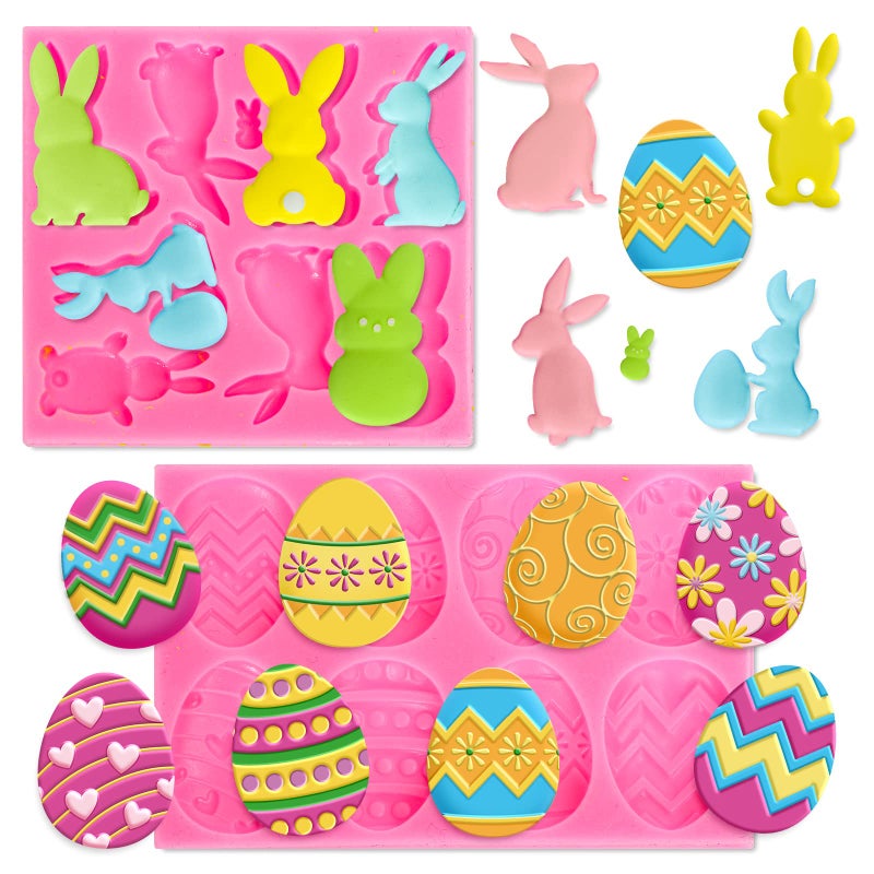 Whaline 2Pcs Easter Fondant Molds Cute Bunny Rabbit 3D Silicone Moulds Colorful Easter Egg Pattern Resin Molds Cupcake Cookie Baking Decorating Moulds for Easter Holiday Spring Party DIY Candy