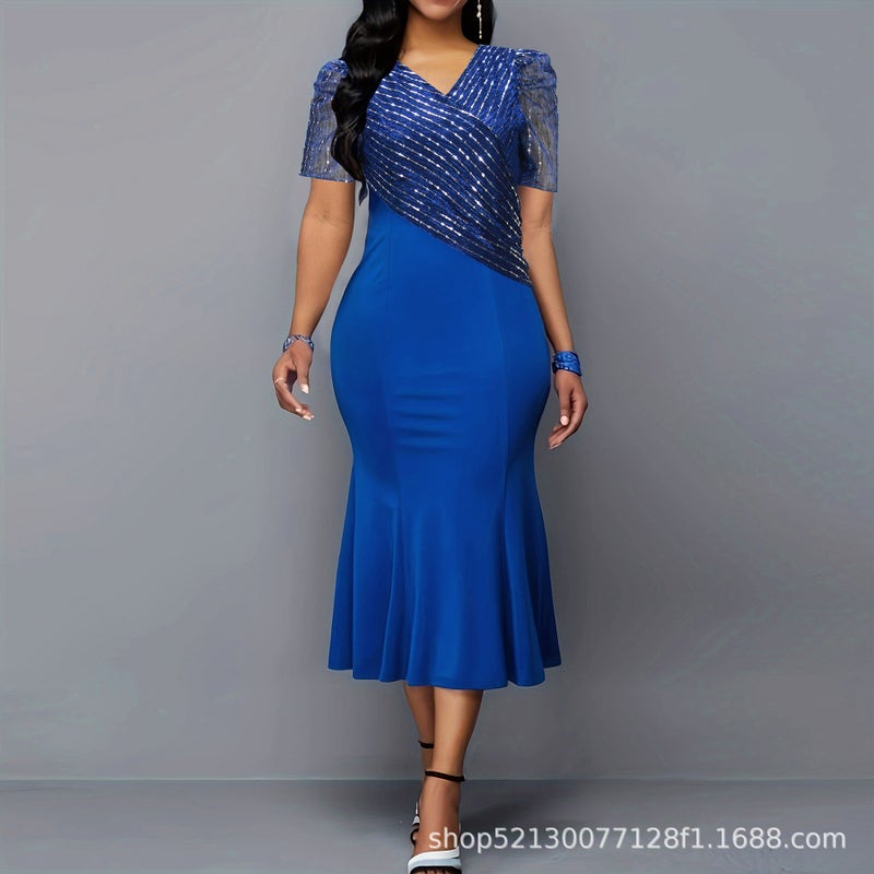 Europe And America Explosions Spring Mature Royal Sister Style V-Neck Blue Stitching Fishtail Large Edition Dress - Image 3