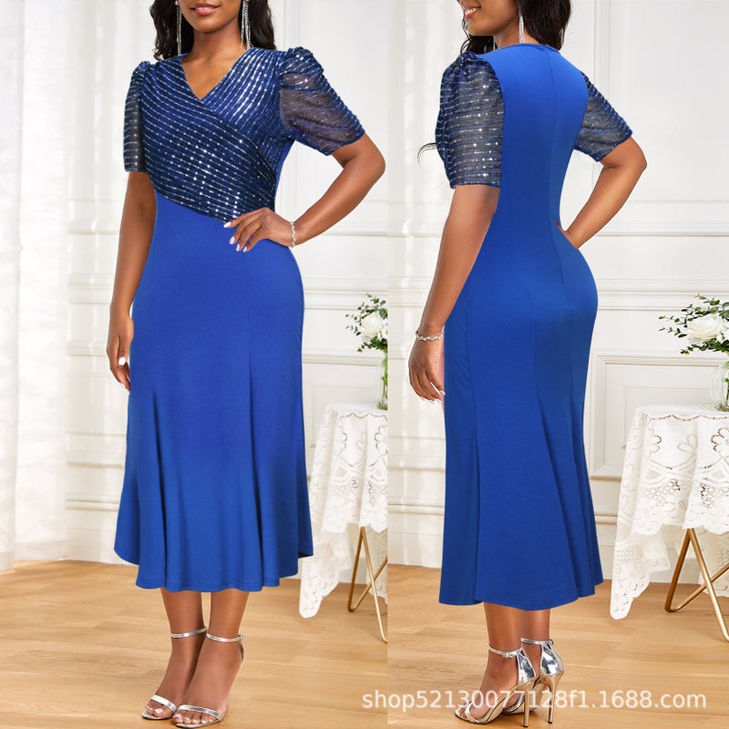 Europe And America Explosions Spring Mature Royal Sister Style V-Neck Blue Stitching Fishtail Large Edition Dress - Image 2