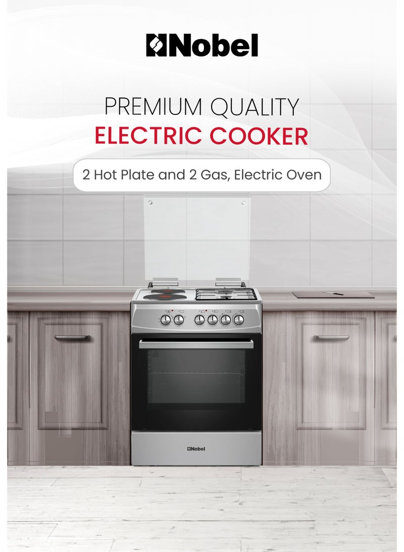 Nobel 60x60 Cooking Range with 2 Gas Burners & 2 Electric Hotplates, 70L Electric Oven, Automatic Ignition, Double Glass Door & Glass Top Lid, Made in Turkey  – (1 Year Warranty) 2 NGC7222I silver - Image 2
