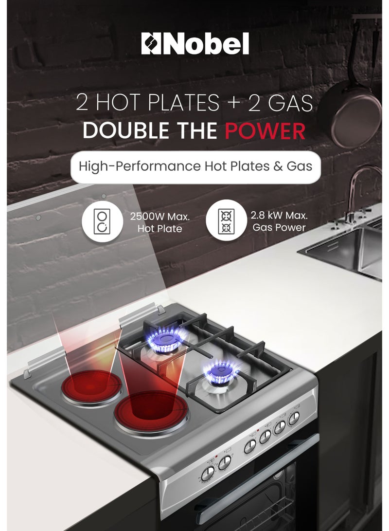 Nobel 60x60 Cooking Range with 2 Gas Burners & 2 Electric Hotplates, 70L Electric Oven, Automatic Ignition, Double Glass Door & Glass Top Lid, Made in Turkey  – (1 Year Warranty) 2 NGC7222I silver - Image 5