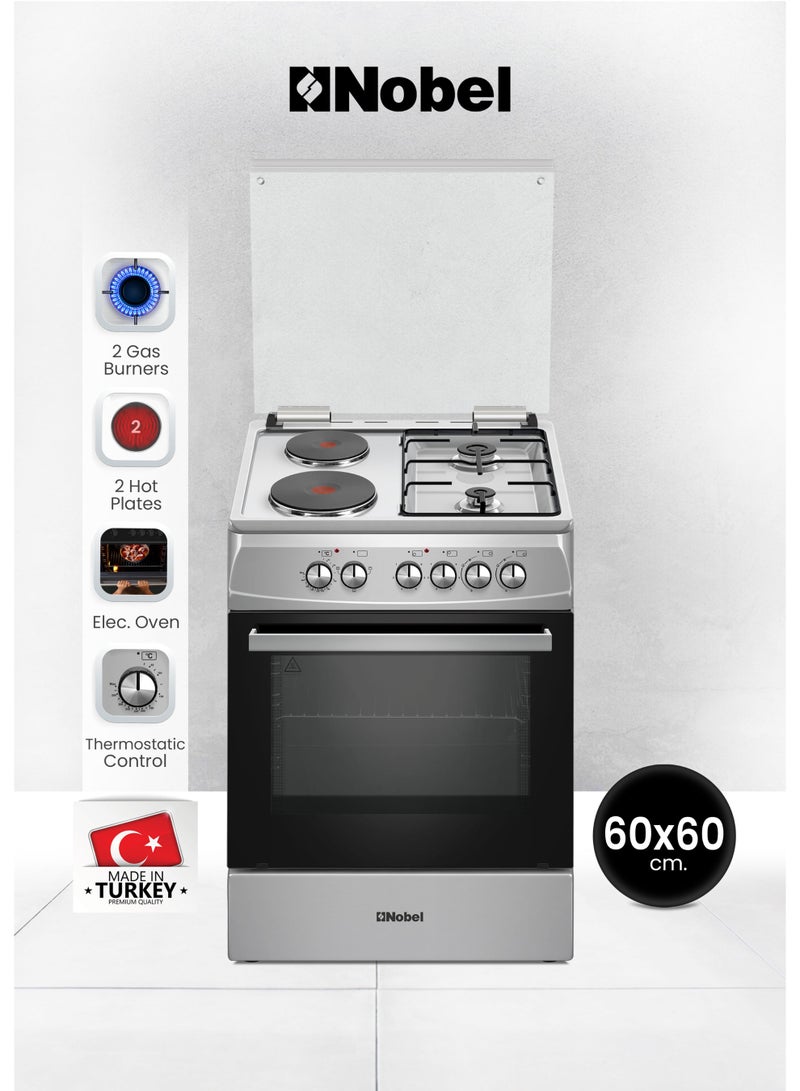 Nobel 60x60 Cooking Range with 2 Gas Burners & 2 Electric Hotplates, 70L Electric Oven, Automatic Ignition, Double Glass Door & Glass Top Lid, Made in Turkey  – (1 Year Warranty) 2 NGC7222I silver - Image 1