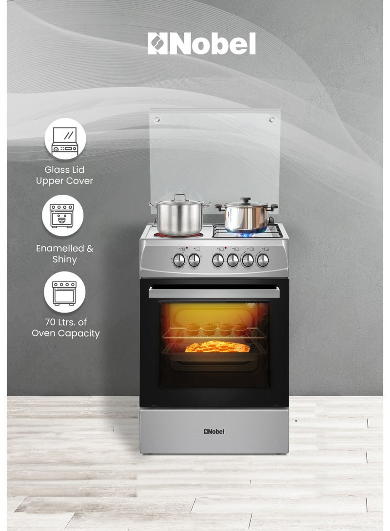 Nobel 60x60 Cooking Range with 2 Gas Burners & 2 Electric Hotplates, 70L Electric Oven, Automatic Ignition, Double Glass Door & Glass Top Lid, Made in Turkey  – (1 Year Warranty) 2 NGC7222I silver - Image 3