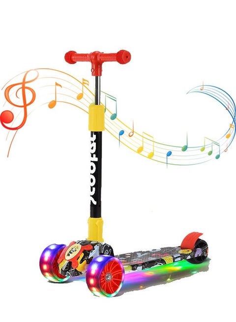 Flash wheel music light folding kick scooter for kids,3 wheels toddlers scooter for 6 years old boys and girls learn to steer black kids scooter 3 adjustable height extra wide deck