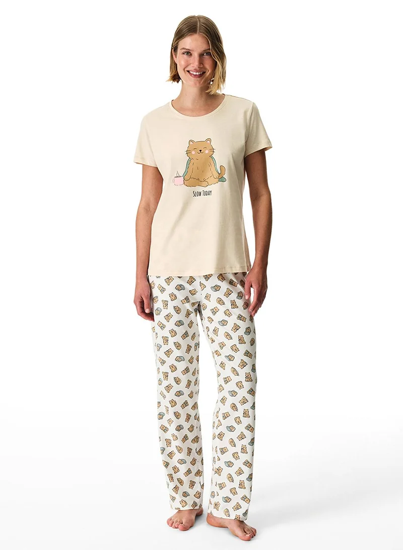 Penti Women's Cotton Lounge Slow Today Shorts Sleeve Pajama Set - Pastel Beige