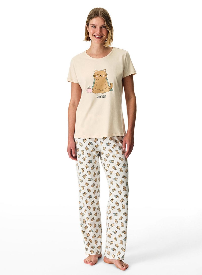Penti Women's Cotton Lounge Slow Today Shorts Sleeve Pajama Set - Pastel Beige - Image 1