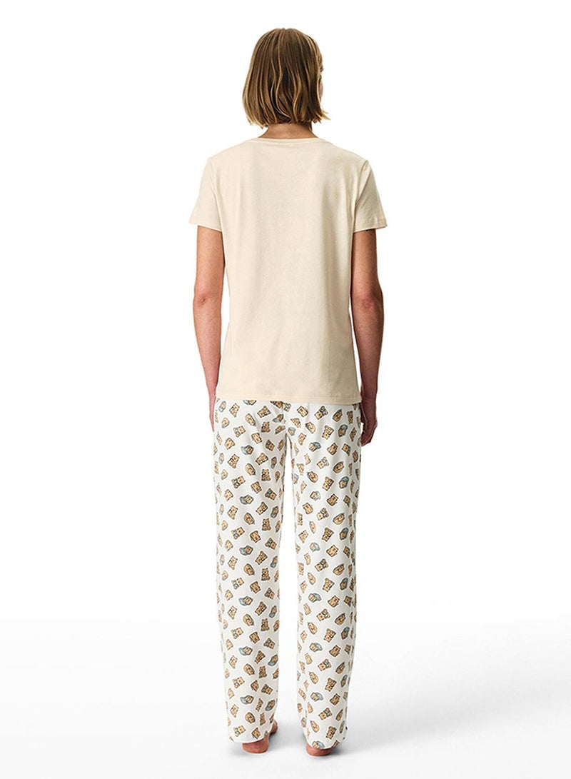 Penti Women's Cotton Lounge Slow Today Shorts Sleeve Pajama Set - Pastel Beige - Image 5