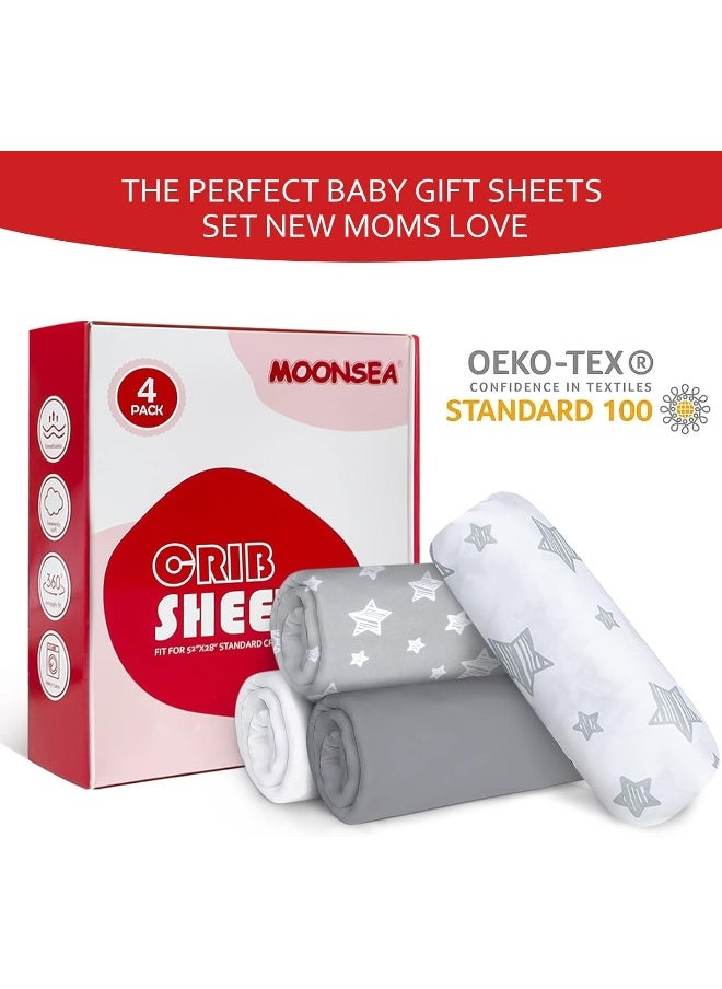 Moonsea Moonsea Crib Sheets for Boys or Girls 4 Pack, Fitted Crib Sheet for Standard Size Crib and Toddler Mattresses, Soft and Breathable Crib Sheets Baby Gift Boy Set, White  - Image 3