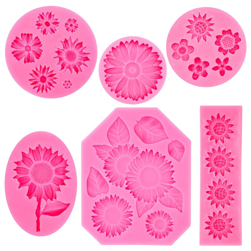 Rainmae 6 Pieces Sunflower Fondant Silicone Mold Daisy Flower Baking Candy Cake Decoration Hawaiian Baby Shower Resin Mold for Cake Decorating Sugar Craft Chocolate Polymer Clay