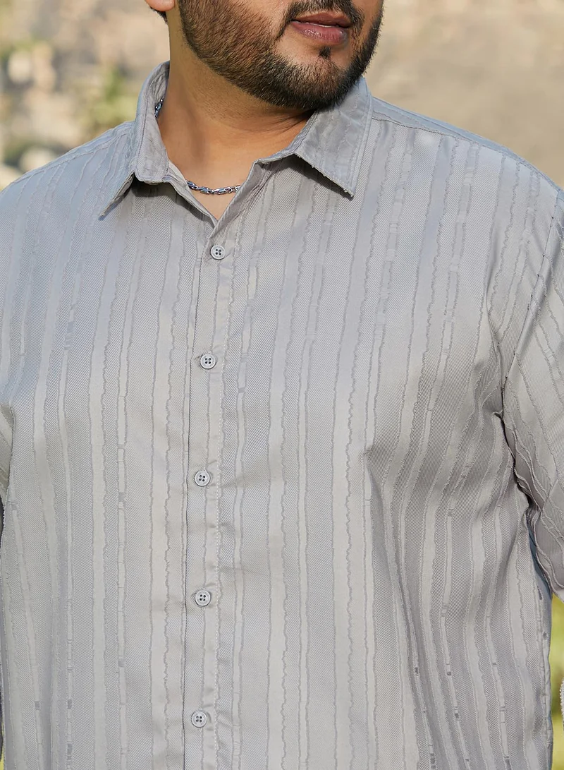 Instafab Plus  Instafab Plus Men's Coin Grey Ripple-Edge Shirt For Casual Wear | Spread Collar | Long Cuffed Sleeves | Button Closure | Plus Size Shirt Crafted With Comfort Fit For Everyday Wear for Men | Best Price UAE