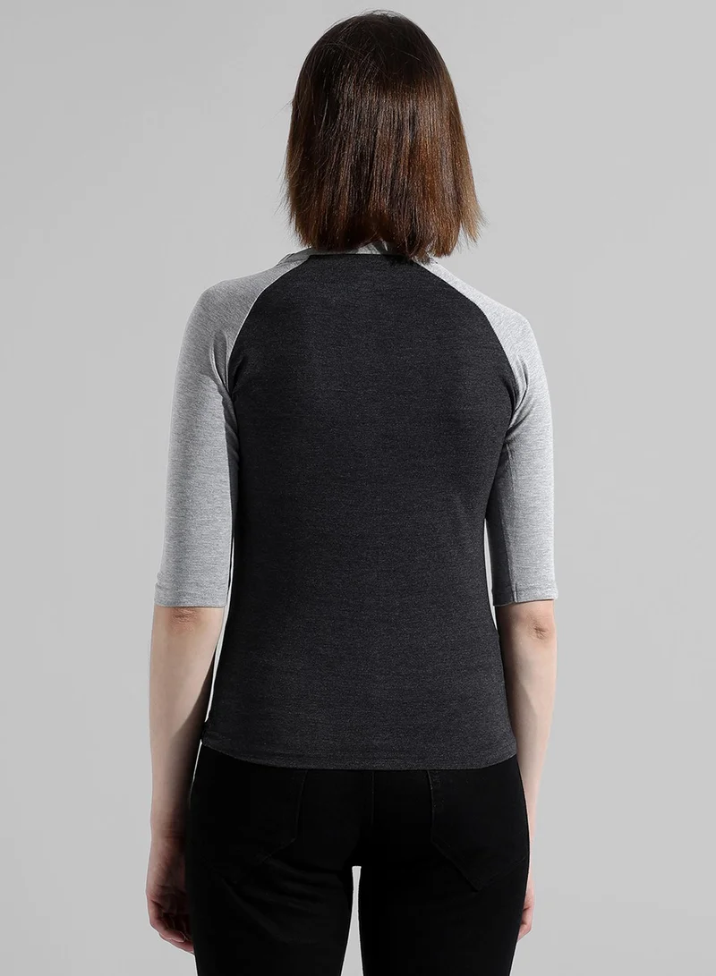 Campus Sutra Women's Charcoal Grey Colourblocked Regular Fit Top