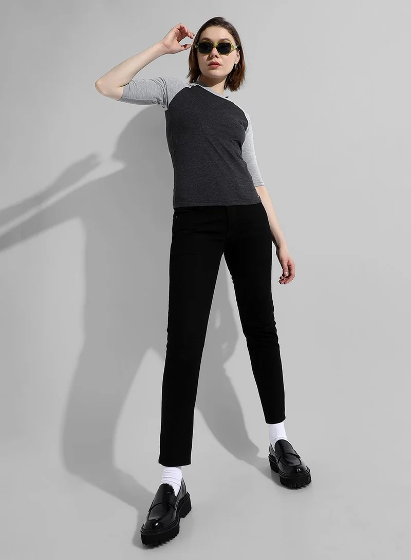 Campus Sutra Women's Charcoal Grey Colourblocked Regular Fit Top