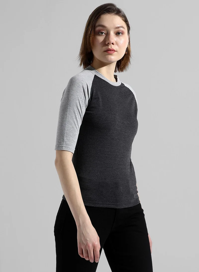 Campus Sutra Women's Charcoal Grey Colourblocked Regular Fit Top