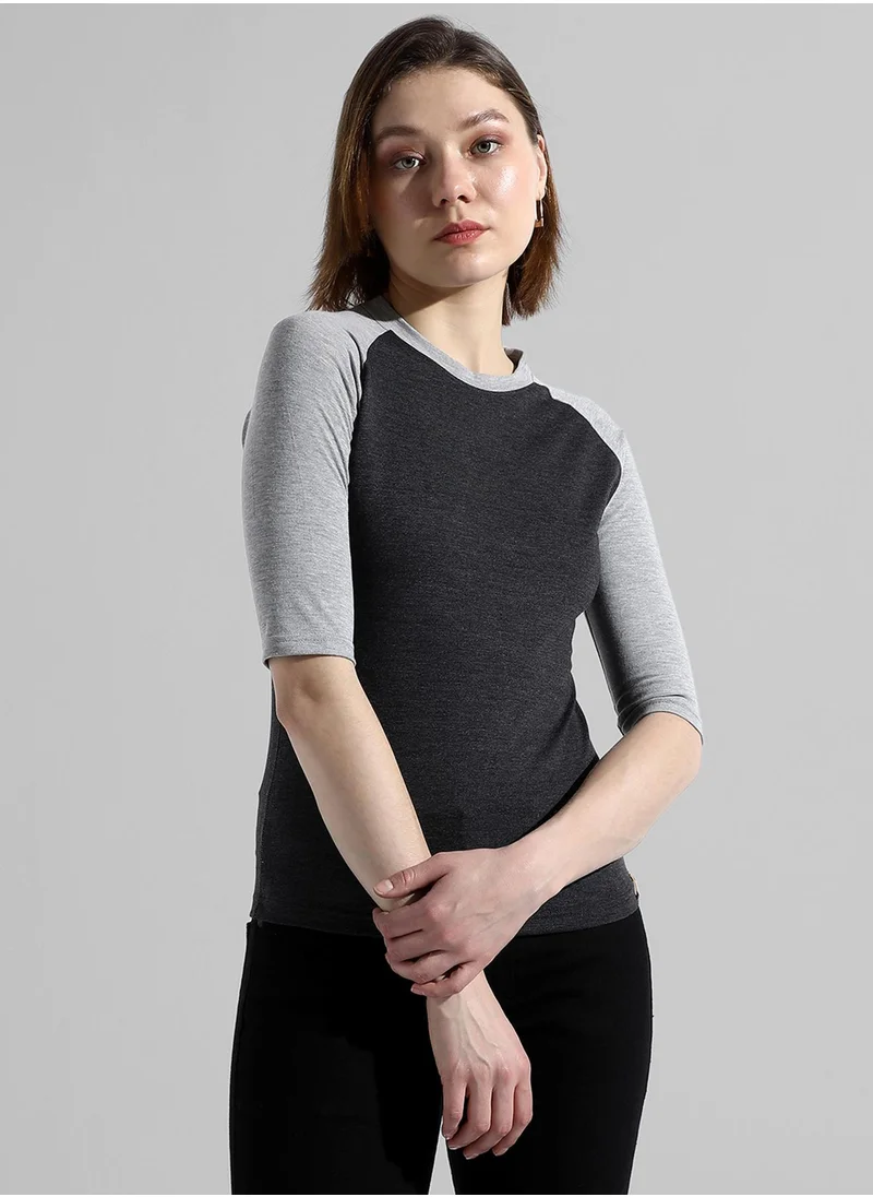 Campus Sutra Women's Charcoal Grey Colourblocked Regular Fit Top
