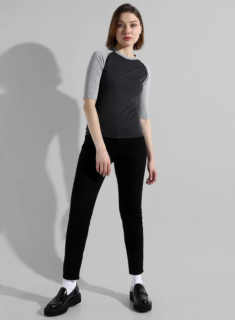 Campus Sutra Women's Charcoal Grey Colourblocked Regular Fit Top
