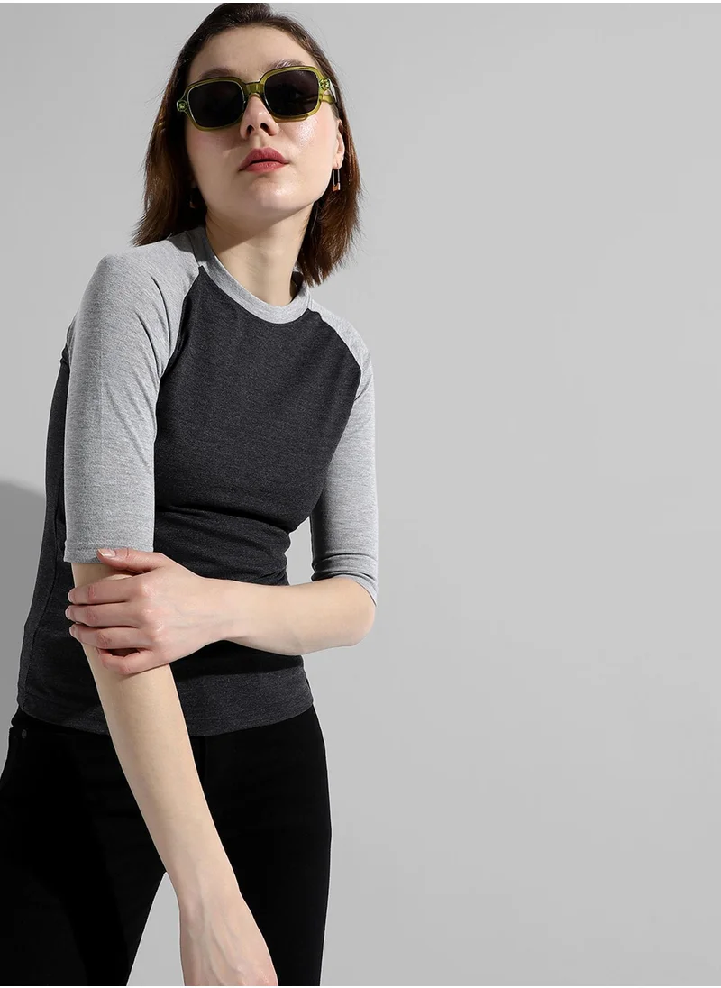 Campus Sutra Women's Charcoal Grey Colourblocked Regular Fit Top