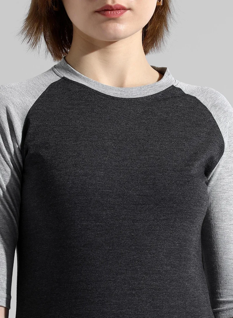Campus Sutra Women's Charcoal Grey Colourblocked Regular Fit Top