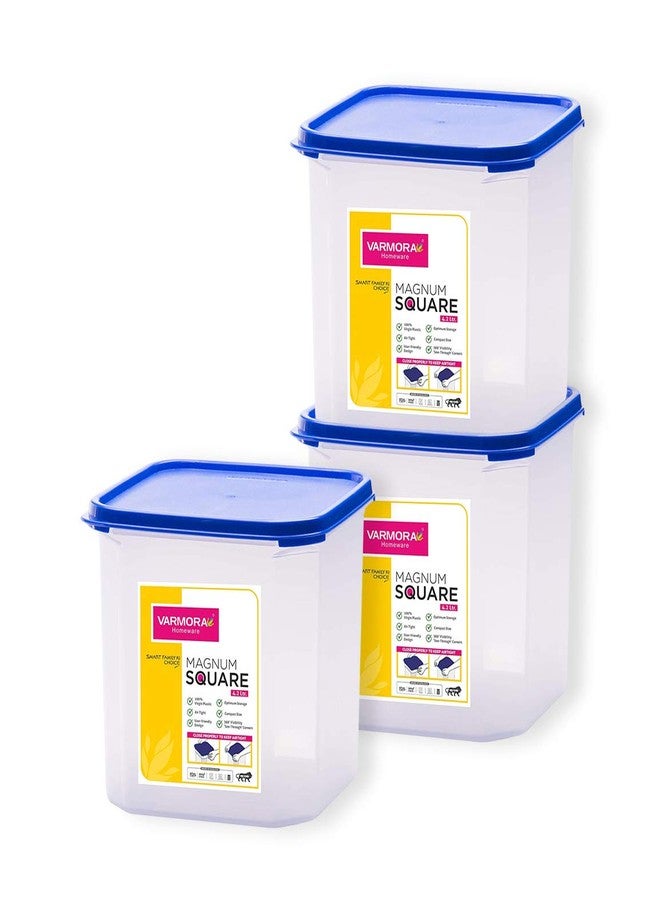 Varmora Magnum Plastic Square Smart Kitchen Storage Container Lid (4.2 L, Blue, Pack of 3) - Image 1