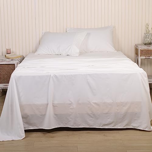 LINENWALAS 100% Pure Cotton 300 TC Percale Linen Bedsheet For Double Bed Size Bedding With Pillow Cover For Bedroom, Soft Smooth Crisp Hotel Quality Flat Bedsheets (100X90 Inch, White) - Image 1