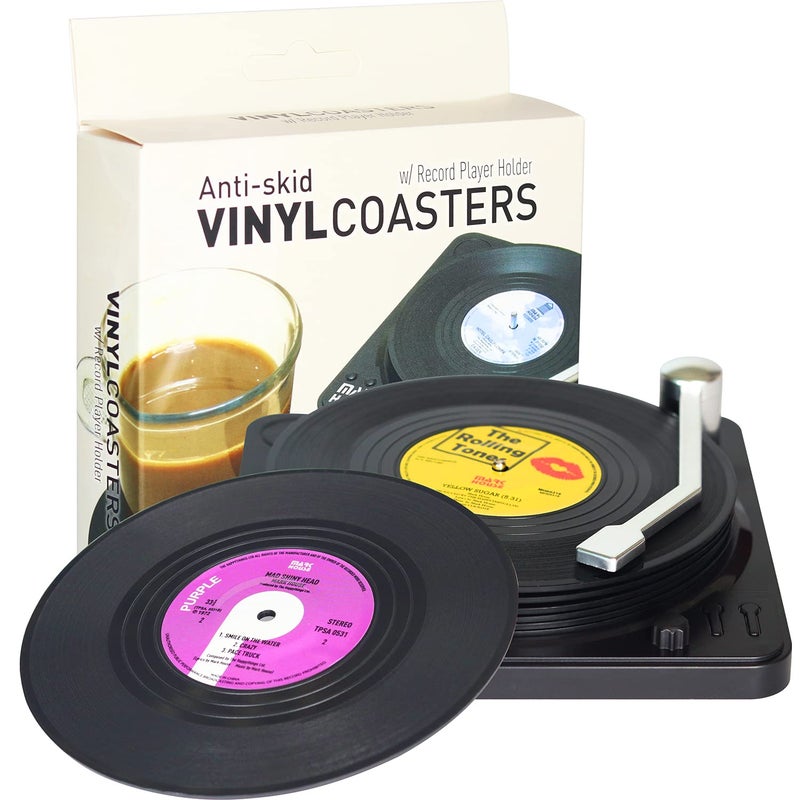 Funny Retro Vinyl Record Coasters for Drinks with Vinyl Record Player Holder for Music LoversSet of 6 Conversation Piece Sayings Drink CoasterWedding Registry Gift IdeasHousewarming Hostess Gifts