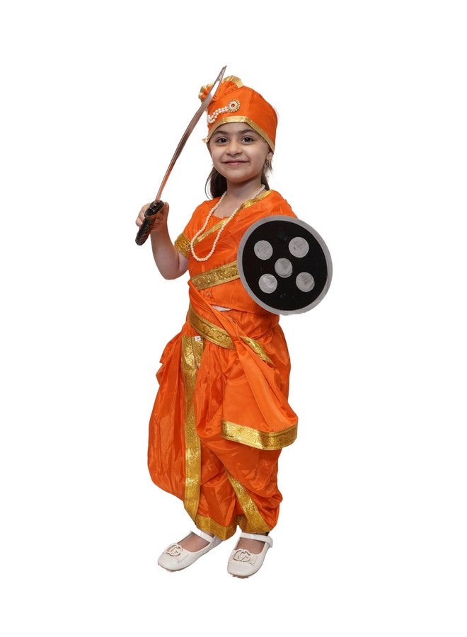 Kaku Fancy Dresses Silk,Polyester National Hero Jhasi Ki Rani Fancy Dress For Girls | Freedom Fighter Rani Laxmi Bai Costume For Independence Day & Republic Day -Orange, 5-6 Years, For Girls - Image 2