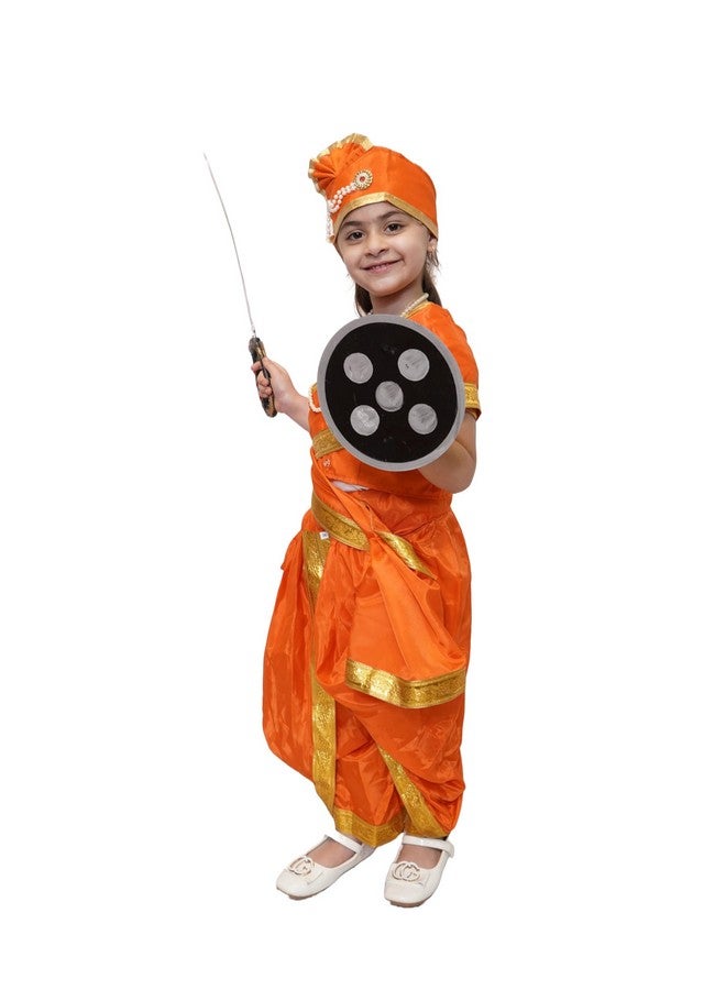 Kaku Fancy Dresses Silk,Polyester National Hero Jhasi Ki Rani Fancy Dress For Girls | Freedom Fighter Rani Laxmi Bai Costume For Independence Day & Republic Day -Orange, 5-6 Years, For Girls - Image 5
