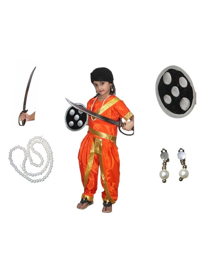Kaku Fancy Dresses Silk,Polyester National Hero Jhasi Ki Rani Fancy Dress For Girls | Freedom Fighter Rani Laxmi Bai Costume For Independence Day & Republic Day -Orange, 5-6 Years, For Girls - Image 1