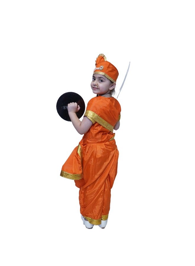 Kaku Fancy Dresses Silk,Polyester National Hero Jhasi Ki Rani Fancy Dress For Girls | Freedom Fighter Rani Laxmi Bai Costume For Independence Day & Republic Day -Orange, 5-6 Years, For Girls - Image 3
